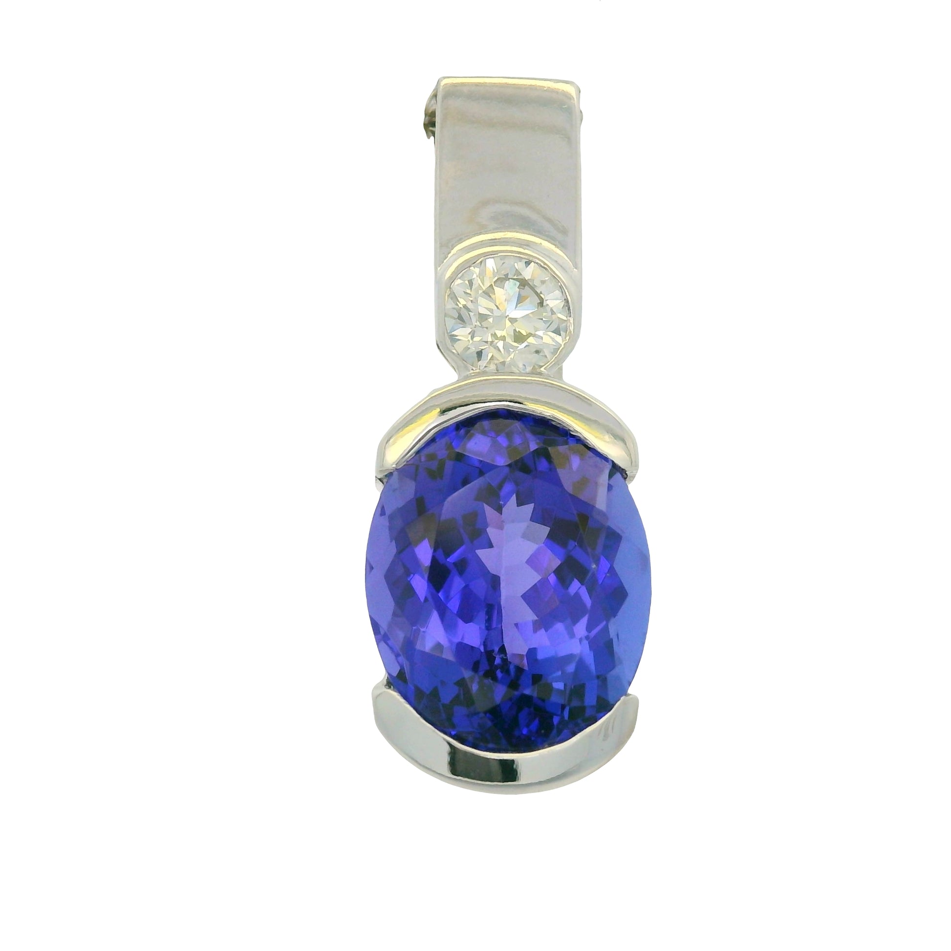 14K White Gold Natural Tanzanite & Diamonds Half Bezel Pendant 