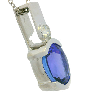 14K White Gold Natural Tanzanite & Diamonds Half Bezel Pendant 