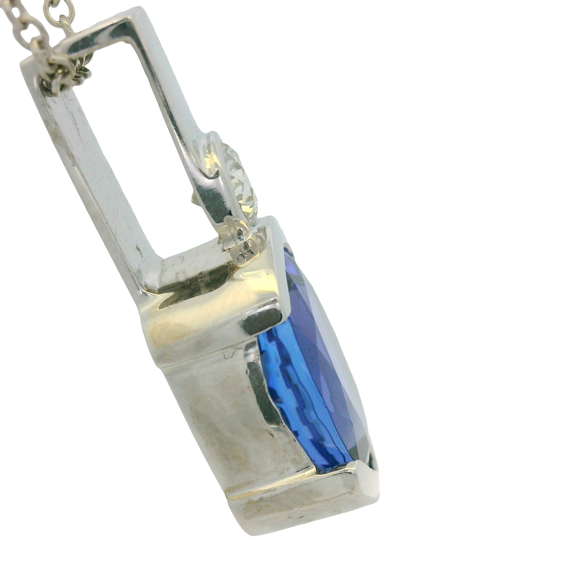 14K White Gold Natural Tanzanite & Diamonds Half Bezel Pendant 