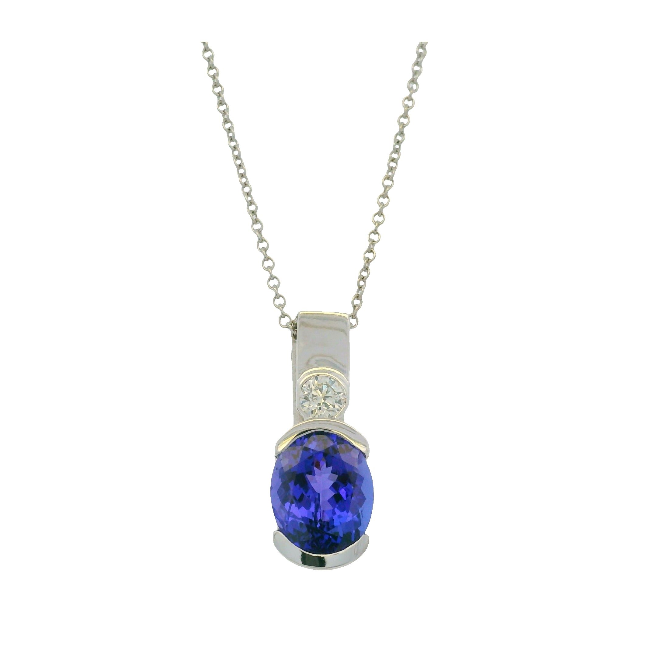 14K White Gold Natural Tanzanite & Diamonds Half Bezel Pendant  