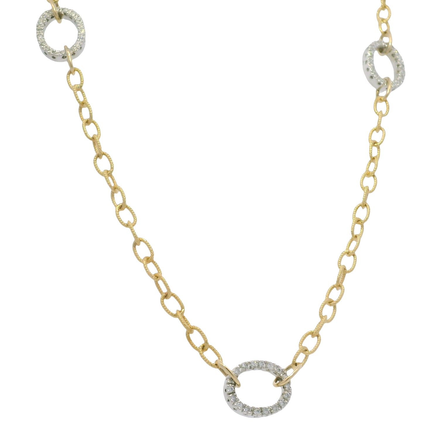 18k Two Tone Gold Natural Diamond Textured Oval Link Necklace