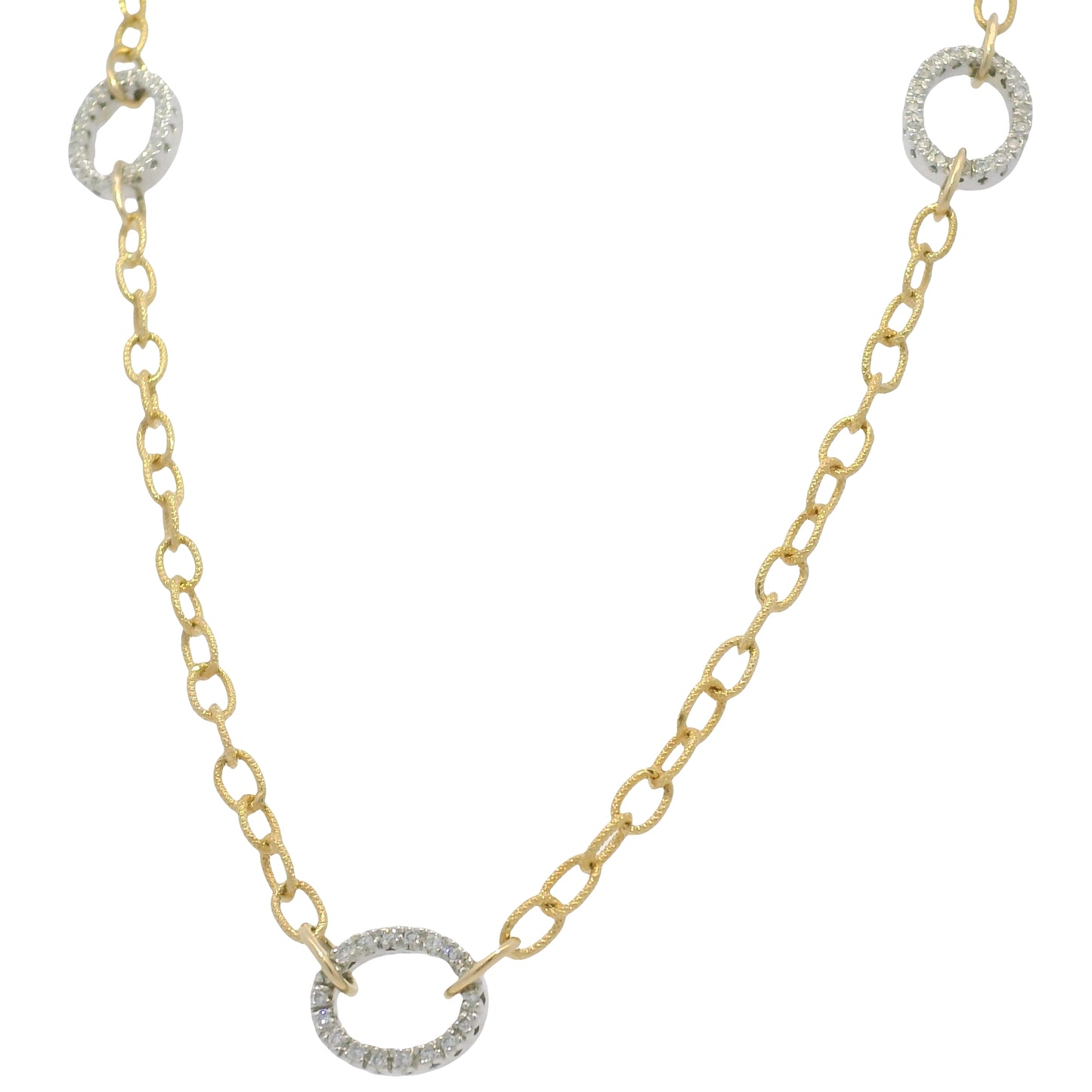 18k Two Tone Gold Natural Diamond Textured Oval Link Necklace