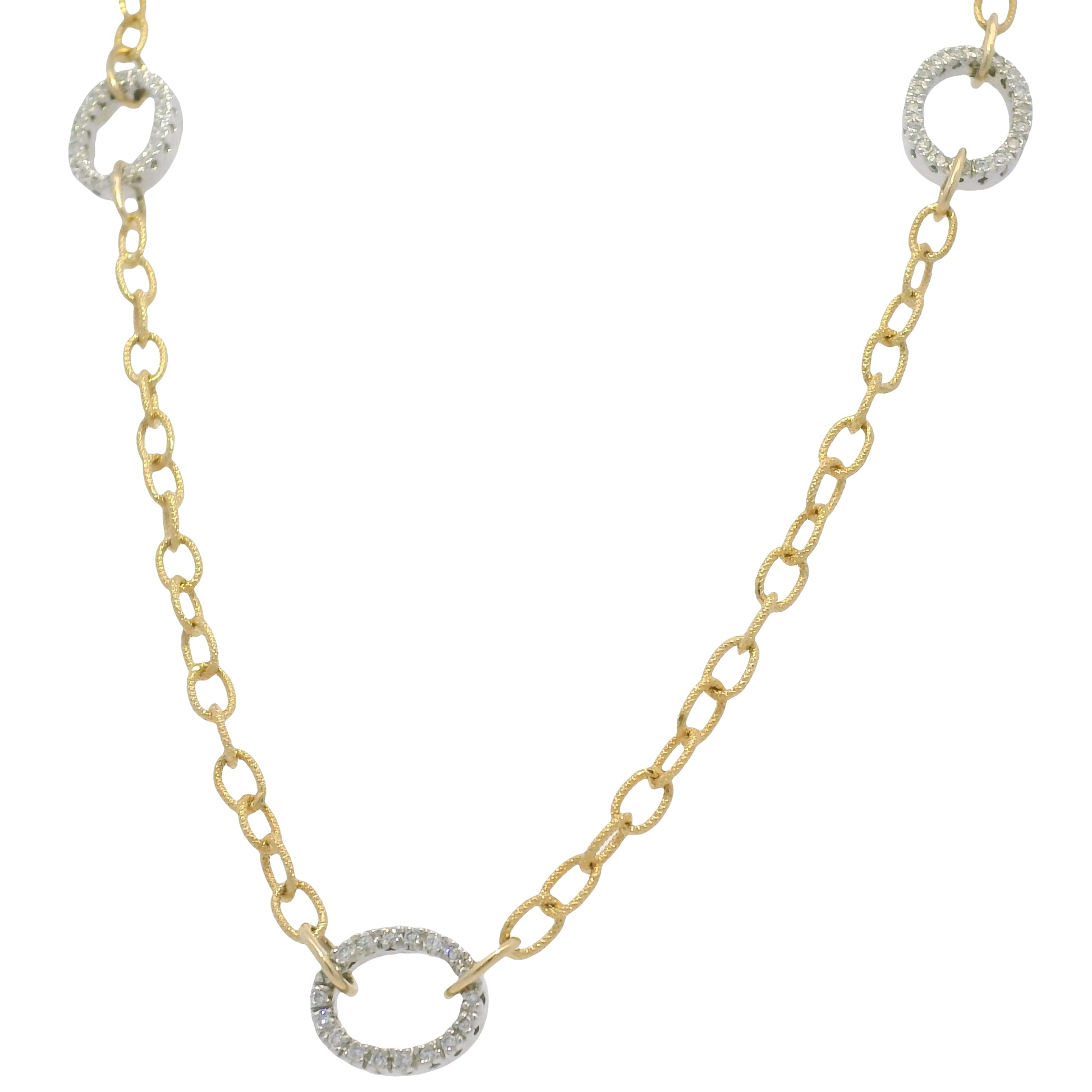 18k Two Tone Gold Natural Diamond Textured Oval Link Necklace