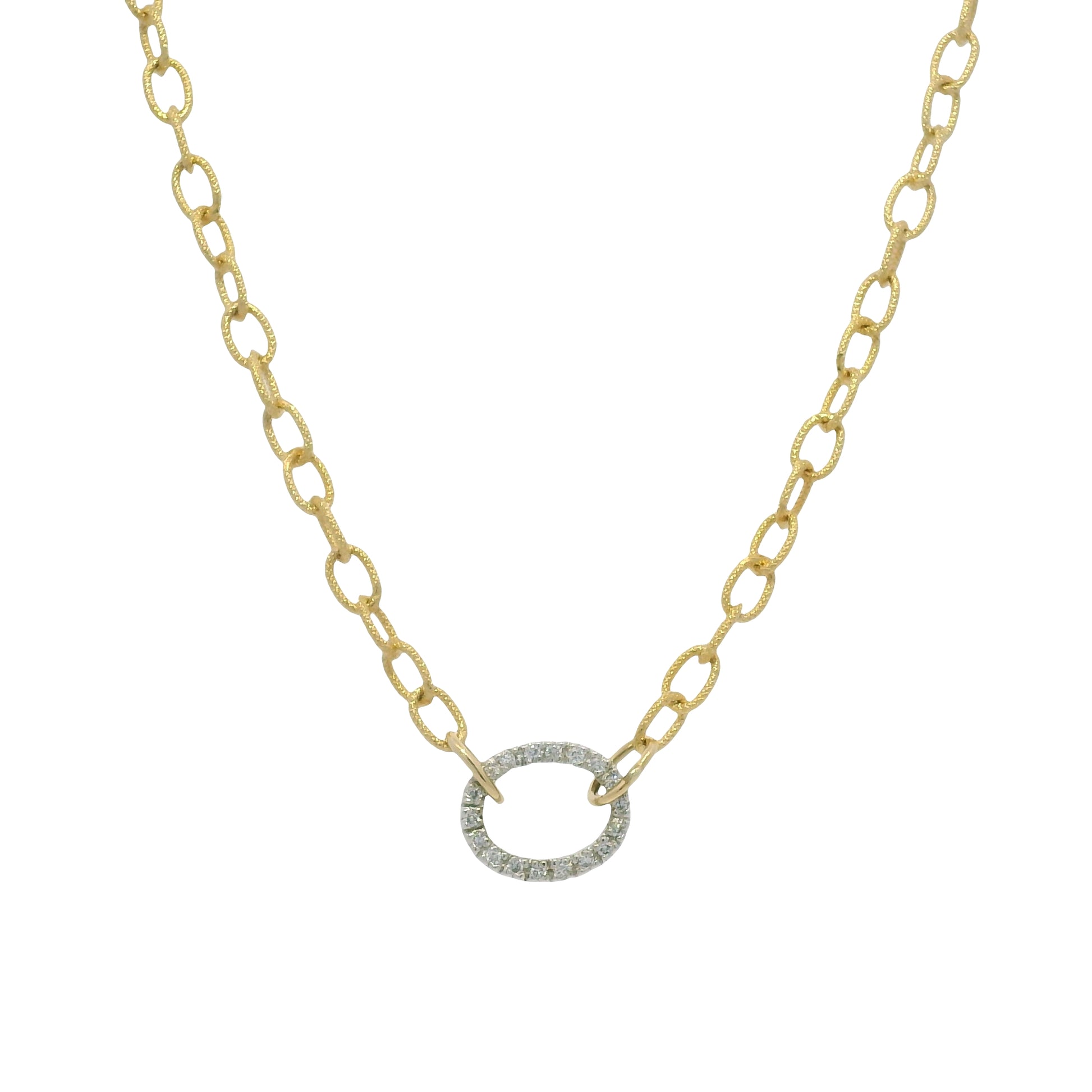 18k Two Tone Gold Natural Diamond Textured Oval Link Necklace