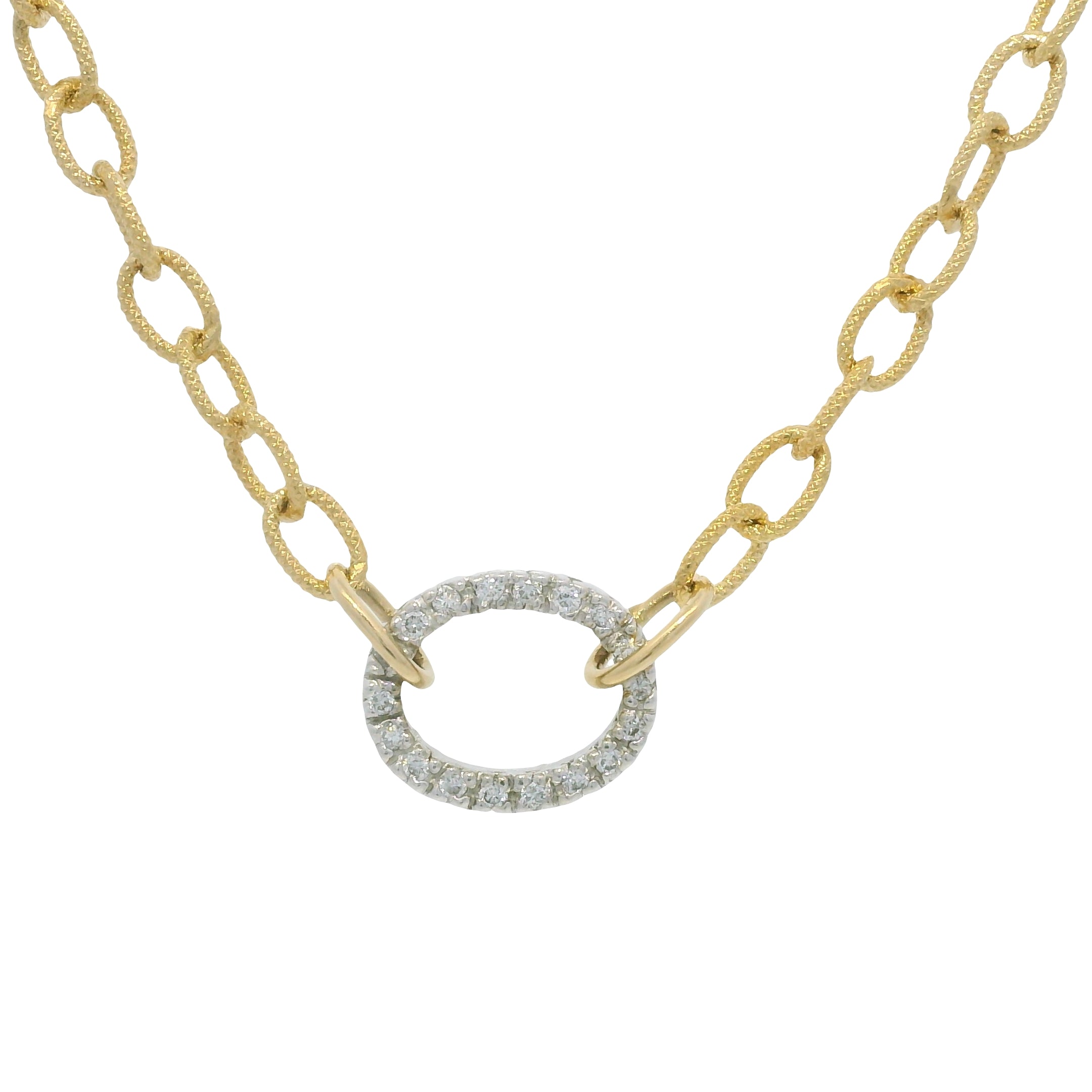 18k Two Tone Gold Natural Diamond Textured Oval Link Necklace