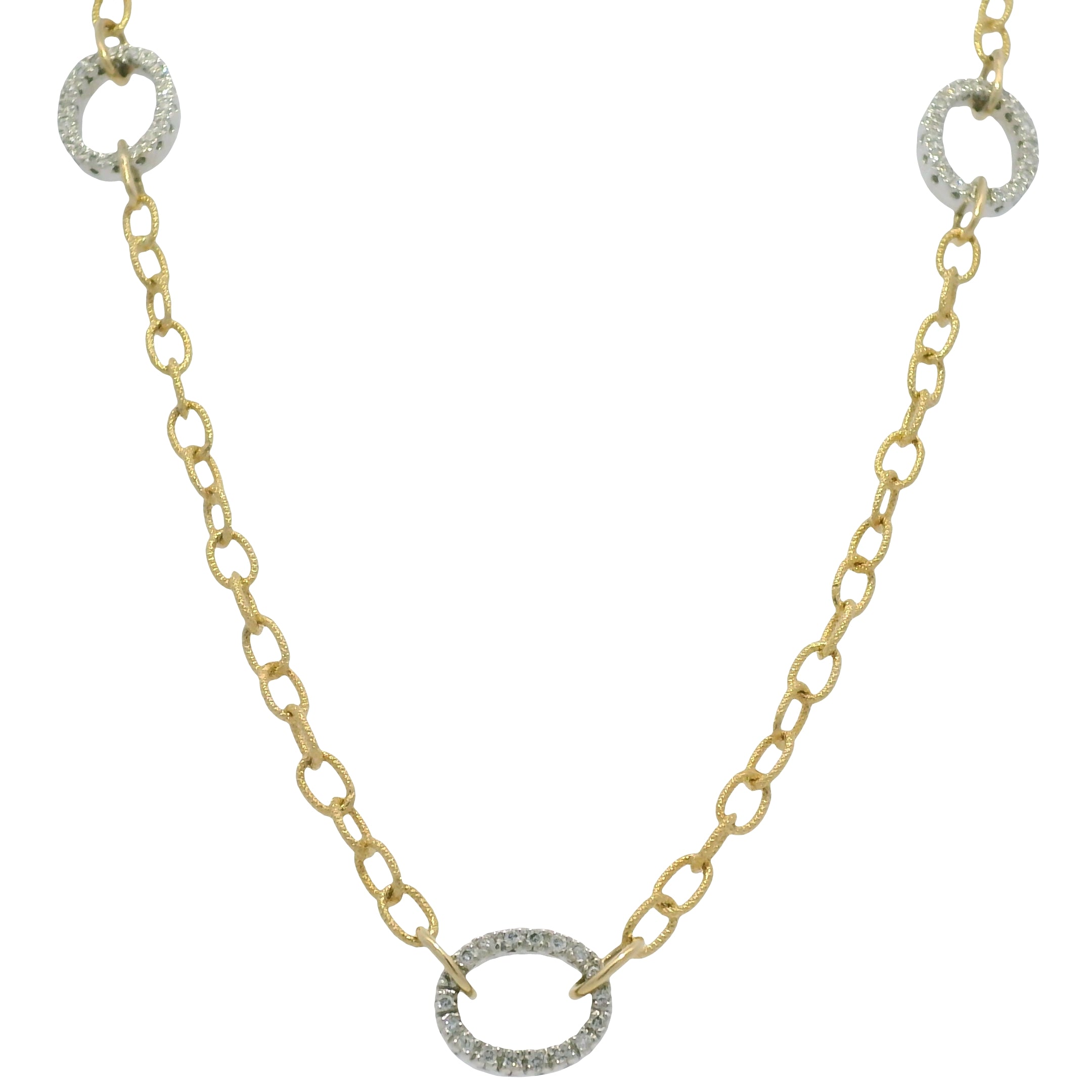 18k Two Tone Gold Natural Diamond Textured Oval Link Necklace