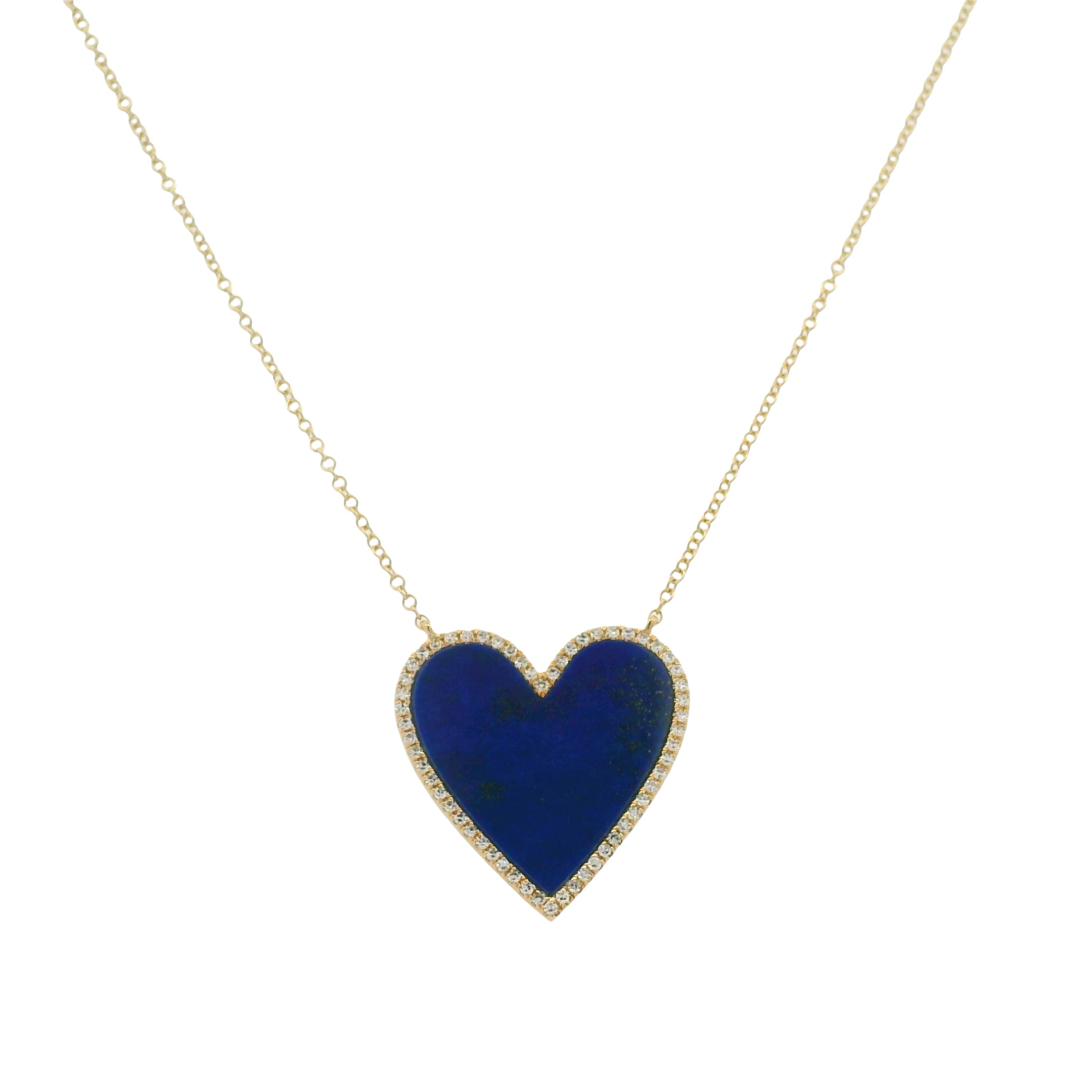 14K Yellow Gold Natural Round Single Cut Diamond Adjustable Lapis Heart Pendant Necklace