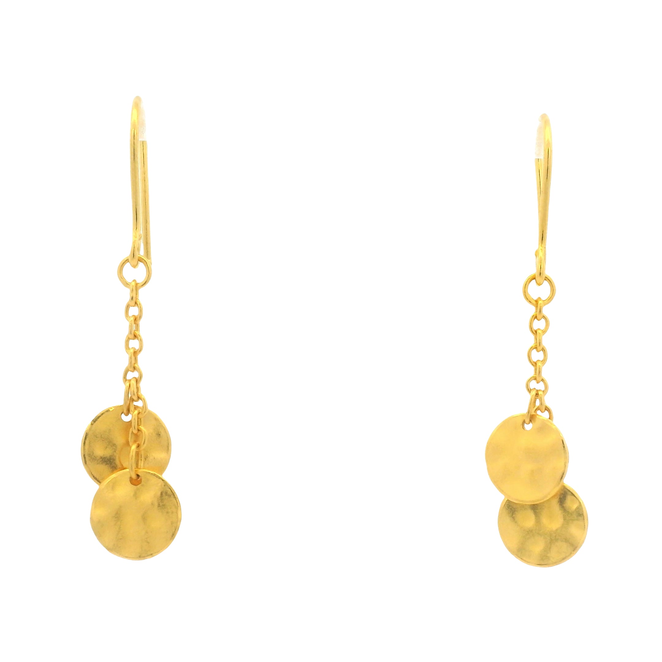 24K Yellow Gold Double Hammered Flat Circle Drop Earrings