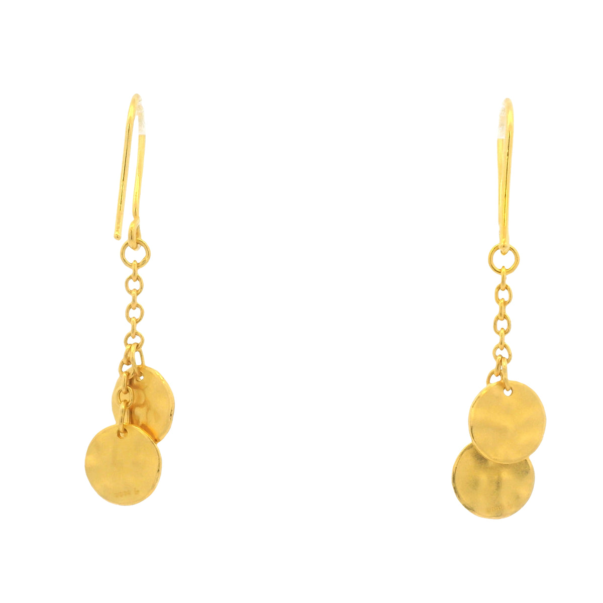 24K Yellow Gold Double Hammered Flat Circle Drop Earrings