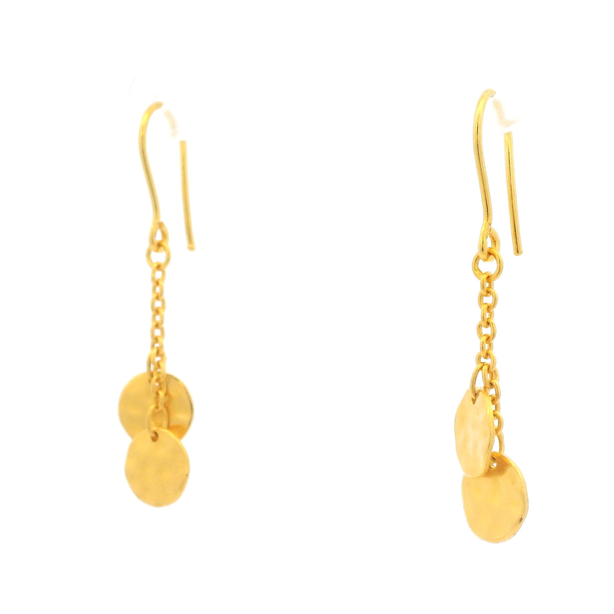 24K Yellow Gold Double Hammered Flat Circle Drop Earrings