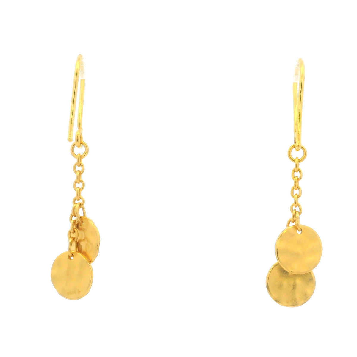 24K Yellow Gold Double Hammered Flat Circle Drop Earrings