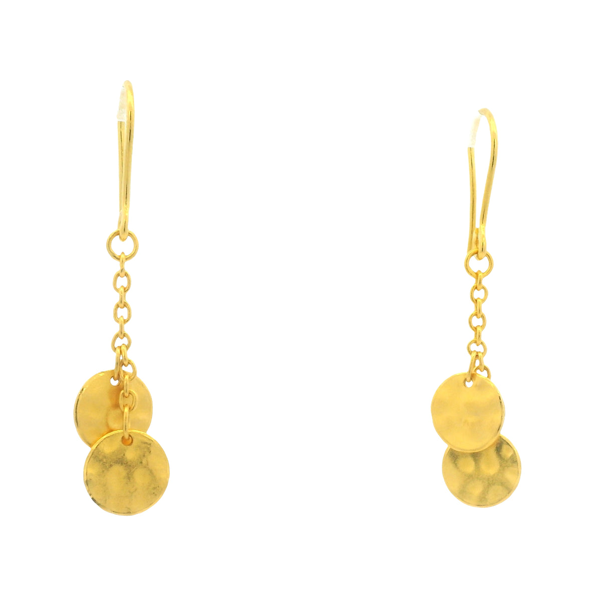 24K Yellow Gold Double Hammered Flat Circle Drop Earrings