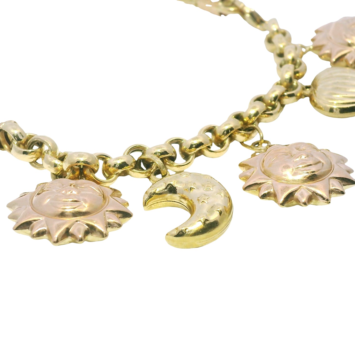 18k Two Tone Gold Sun, Moon, and Heart Dangle Charm Bracelet