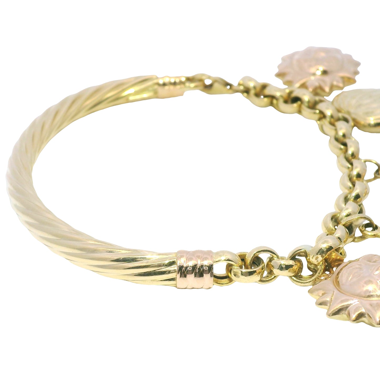 18k Two Tone Gold Sun, Moon, and Heart Dangle Charm Bracelet
