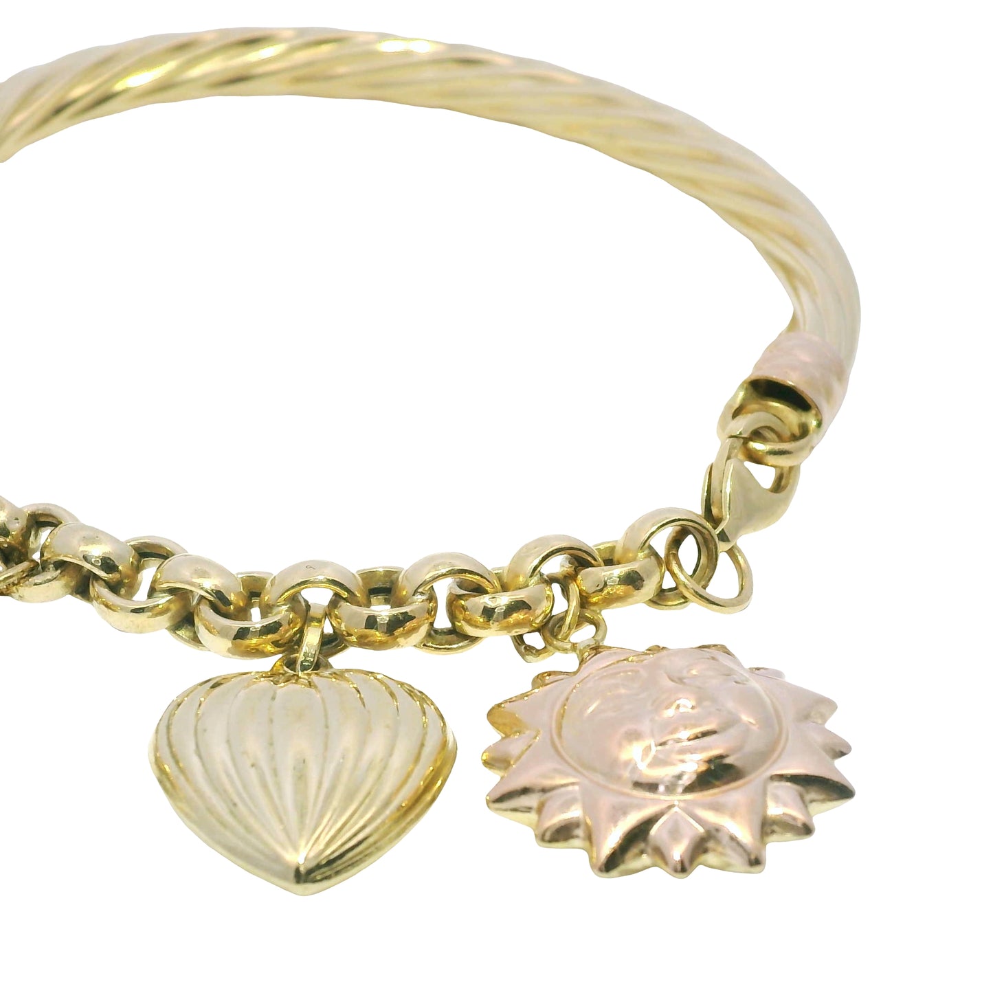 18k Two Tone Gold Sun, Moon, and Heart Dangle Charm Bracelet