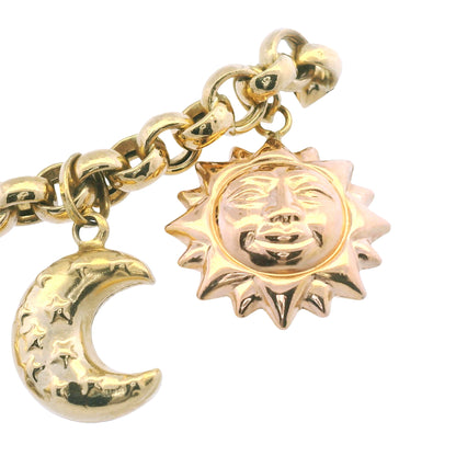 18k Two Tone Gold Sun, Moon, and Heart Dangle Charm Bracelet
