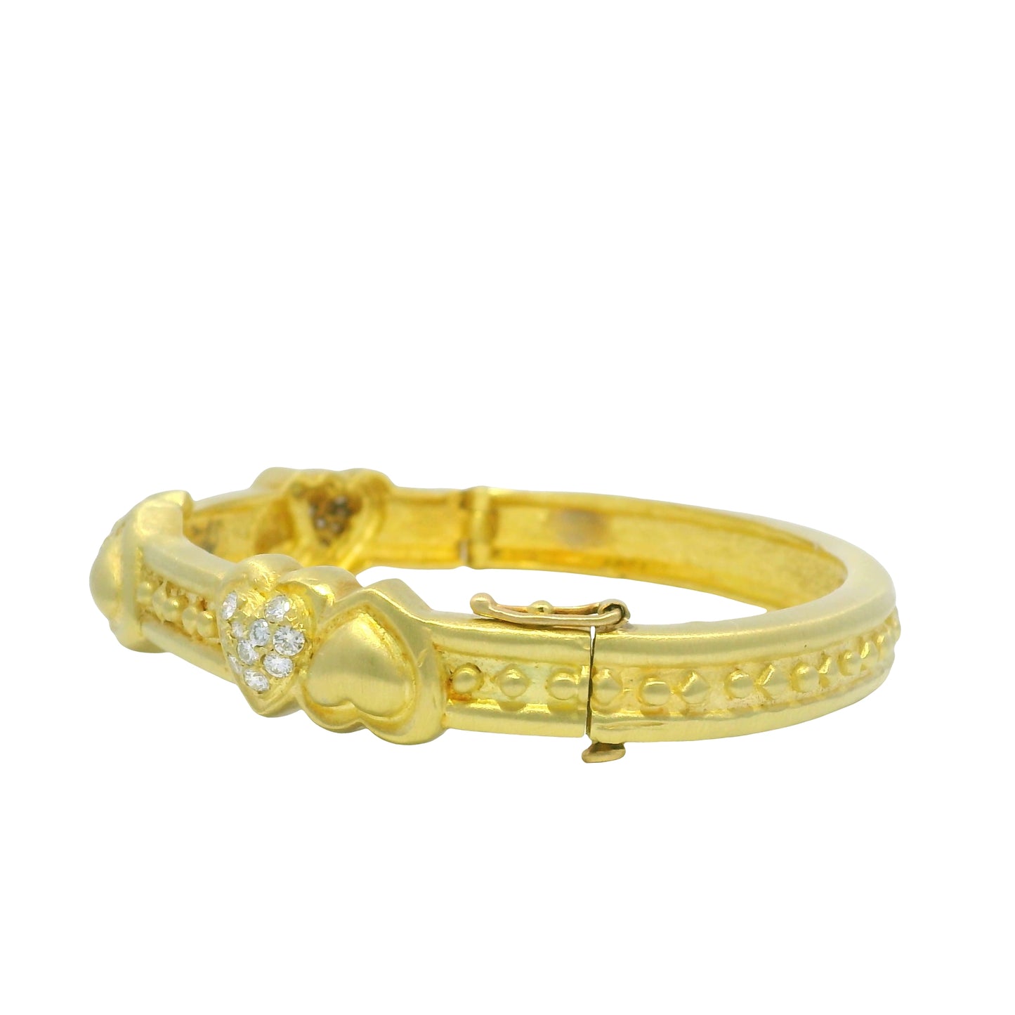 18K Yellow Gold Natural Round Brilliant Cut Diamond Hearts & Gold Hearts Bangle Bracelet