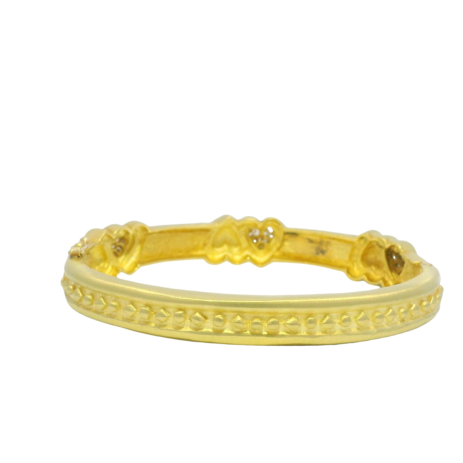 18K Yellow Gold Natural Round Brilliant Cut Diamond Hearts & Gold Hearts Bangle Bracelet