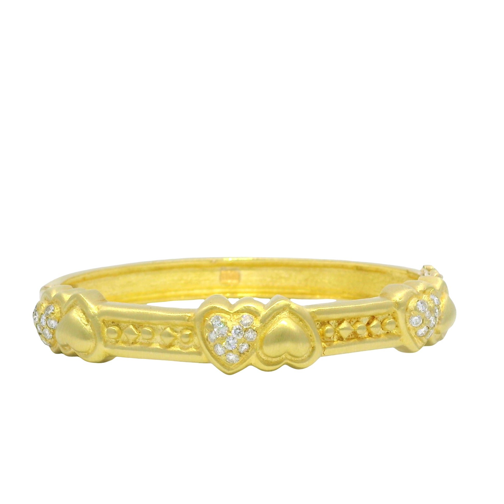 18K Yellow Gold Natural Round Brilliant Cut Diamond Hearts & Gold Hearts Bangle Bracelet