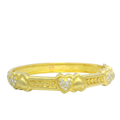 18K Yellow Gold Natural Round Brilliant Cut Diamond Hearts & Gold Hearts Bangle Bracelet