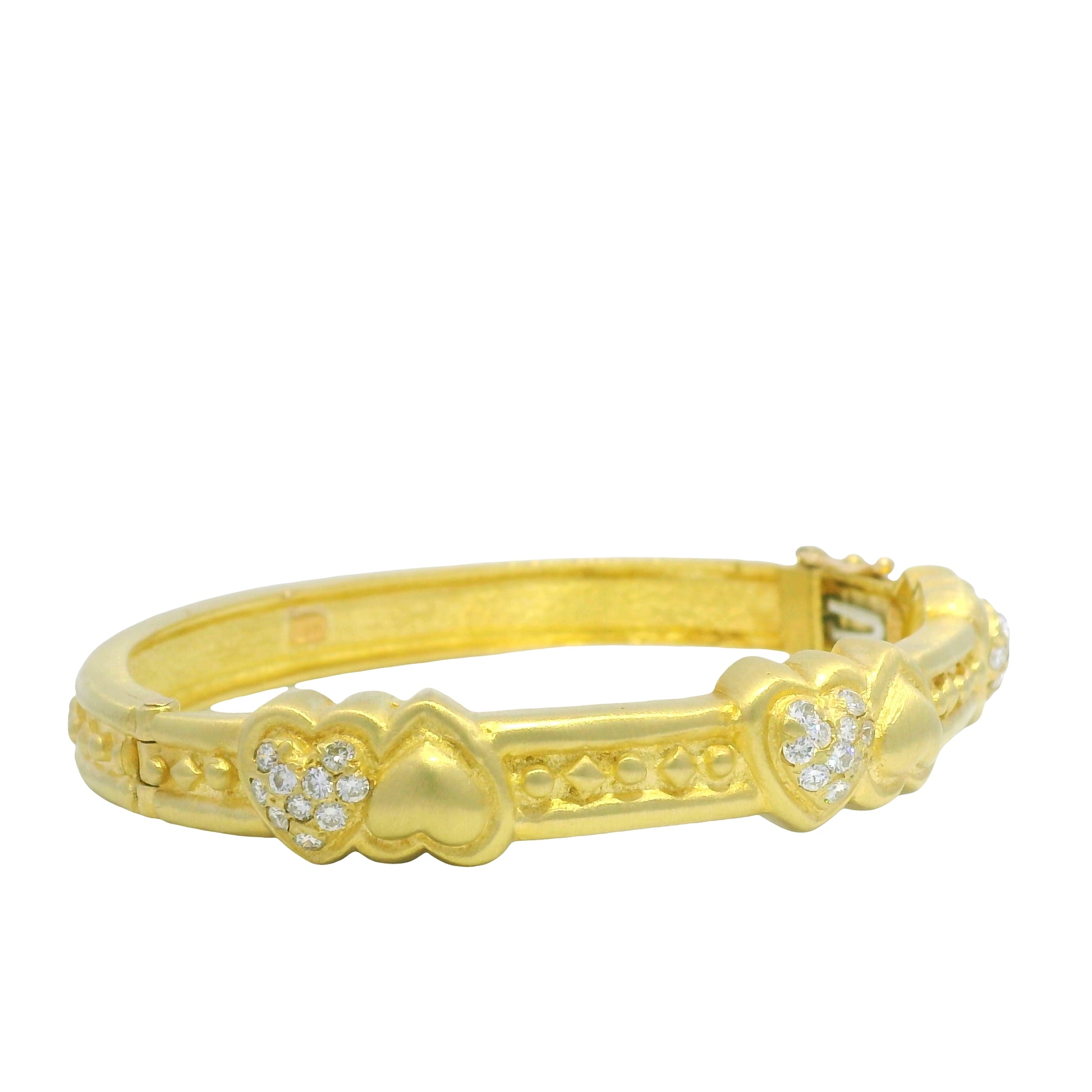 18K Yellow Gold Natural Round Brilliant Cut Diamond Hearts & Gold Hearts Bangle Bracelet