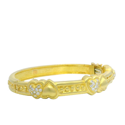 18K Yellow Gold Natural Round Brilliant Cut Diamond Hearts & Gold Hearts Bangle Bracelet