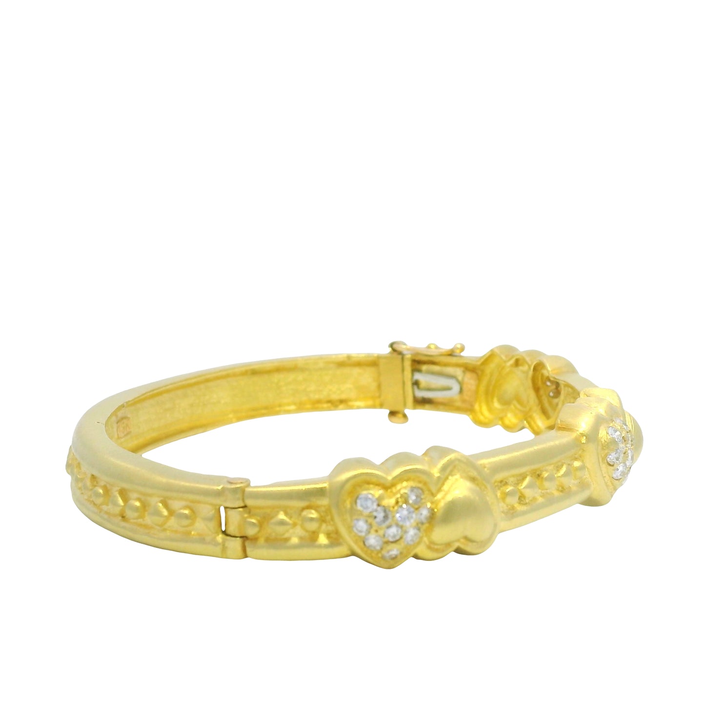 18K Yellow Gold Natural Round Brilliant Cut Diamond Hearts & Gold Hearts Bangle Bracelet