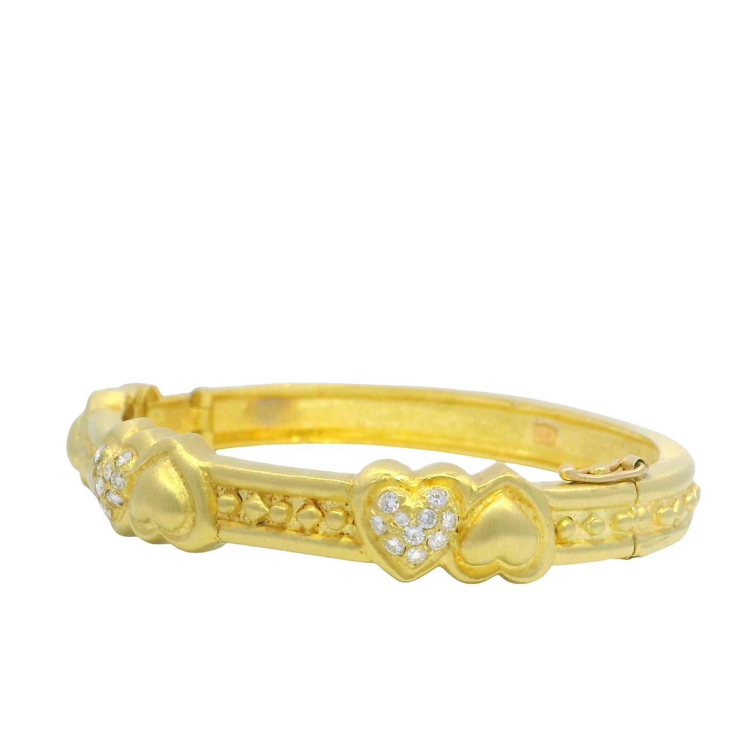 18K Yellow Gold Natural Round Brilliant Cut Diamond Hearts & Gold Hearts Bangle Bracelet