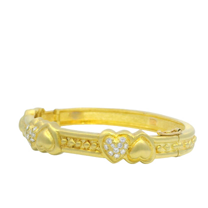 18K Yellow Gold Natural Round Brilliant Cut Diamond Hearts & Gold Hearts Bangle Bracelet