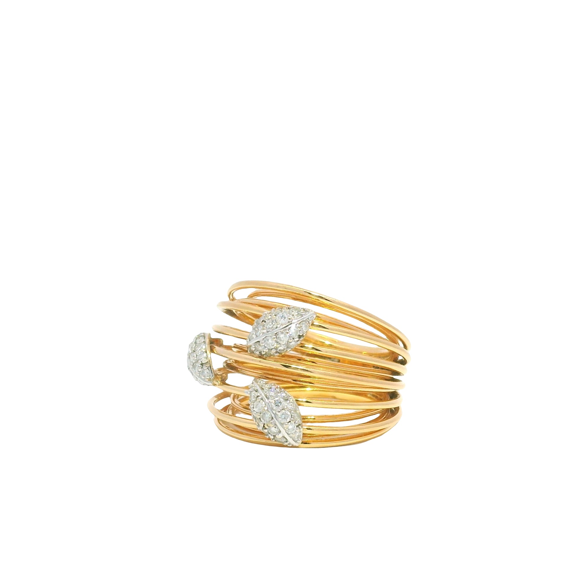 18K Rose Gold Natural Round Brilliant Cut Diamond Leaf Wire Ring