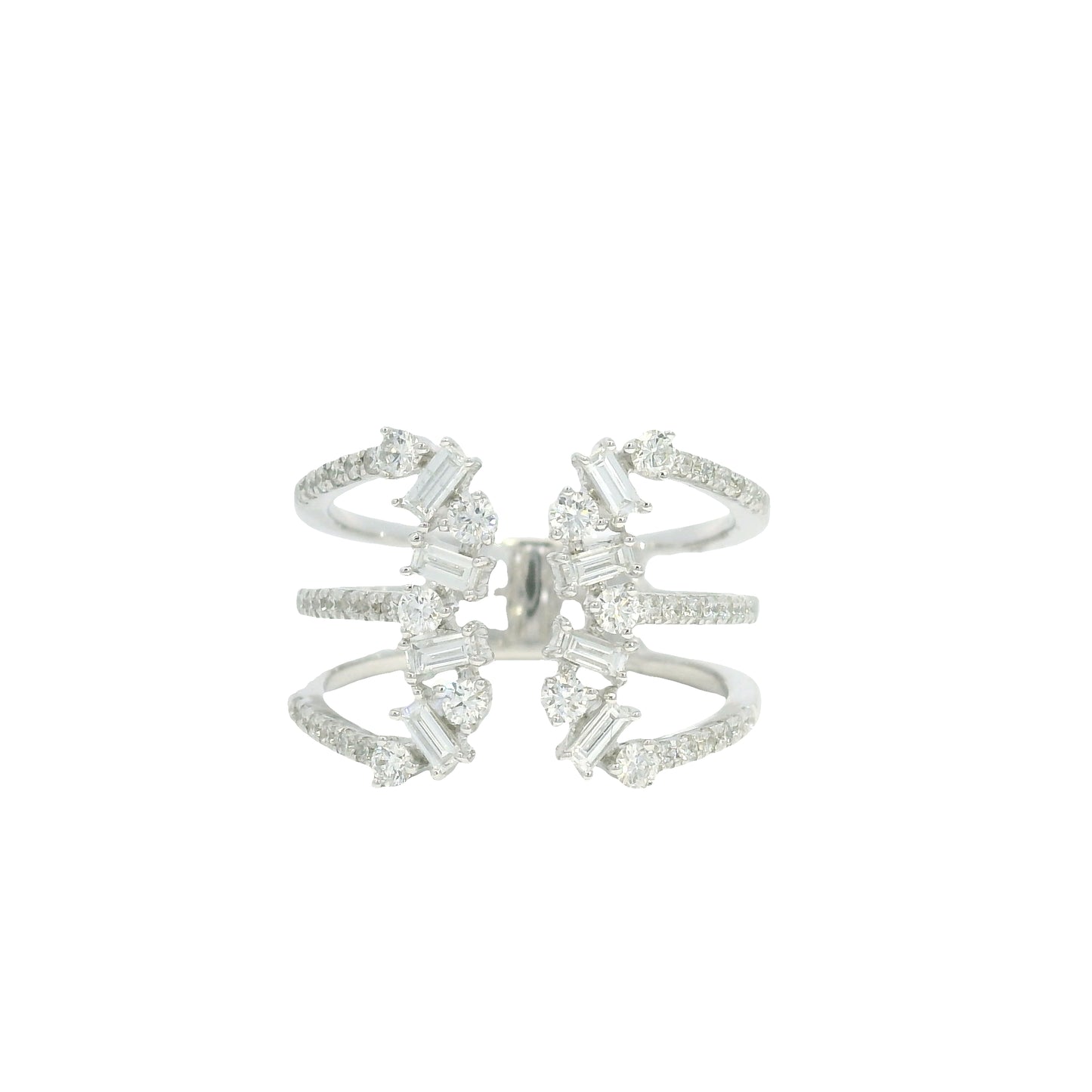 14K White Gold Natural Baguette& Round Brilliant Diamonds Wide Open Ring
