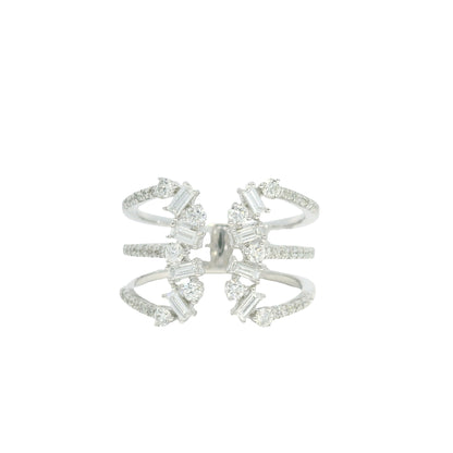 14K White Gold Natural Baguette& Round Brilliant Diamonds Wide Open Ring