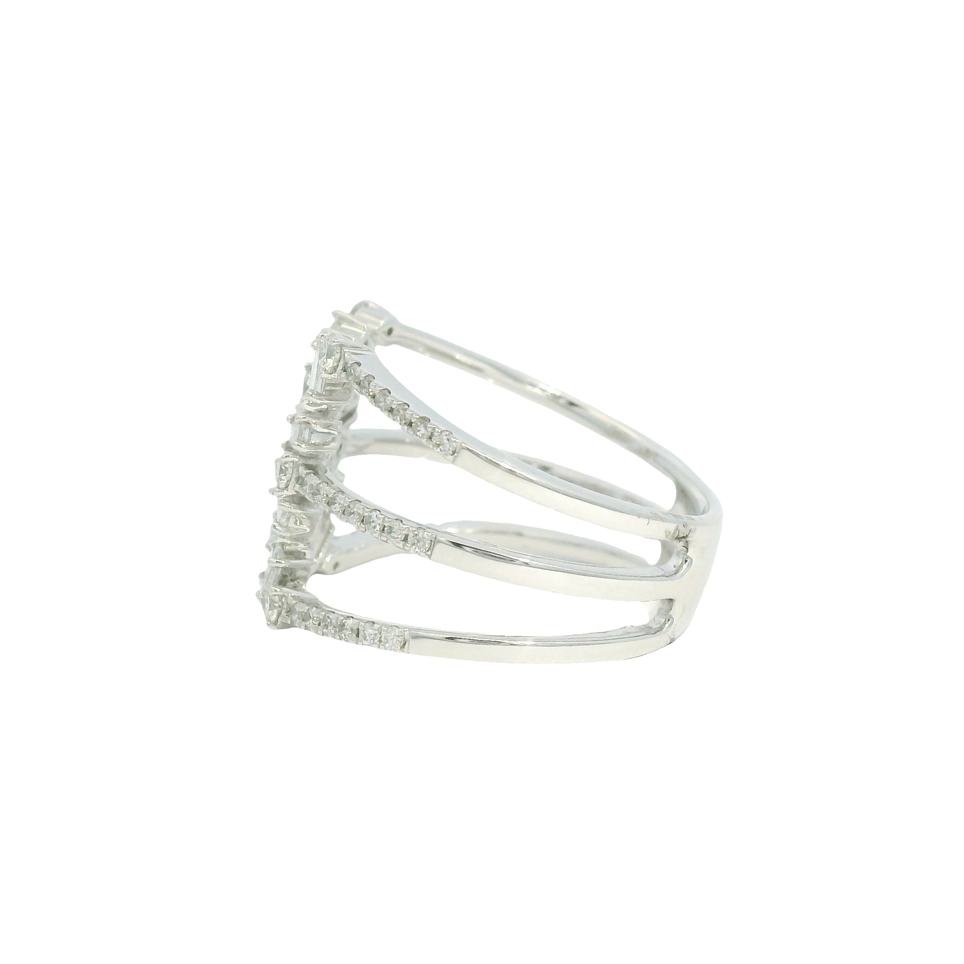 14K White Gold Natural Baguette& Round Brilliant Diamonds Wide Open Ring
