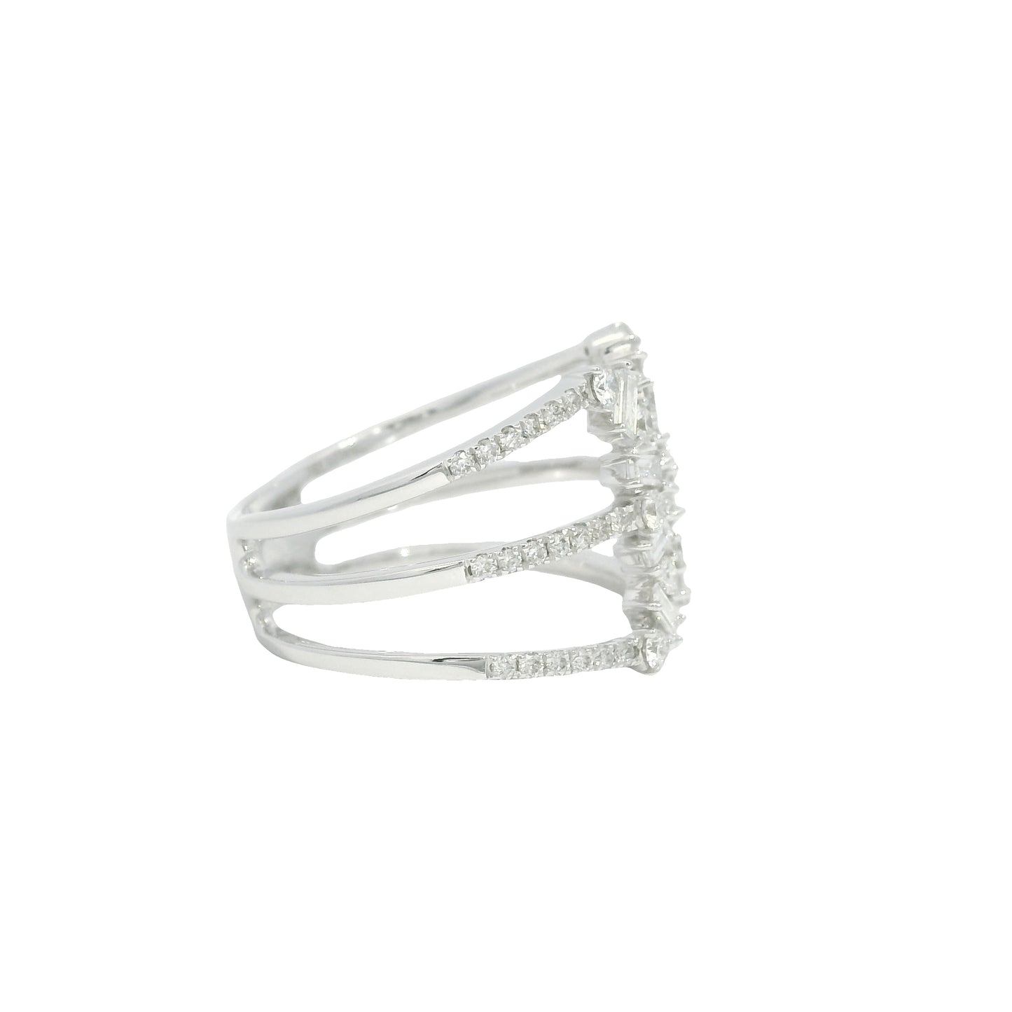 14K White Gold Natural Baguette& Round Brilliant Diamonds Wide Open Ring