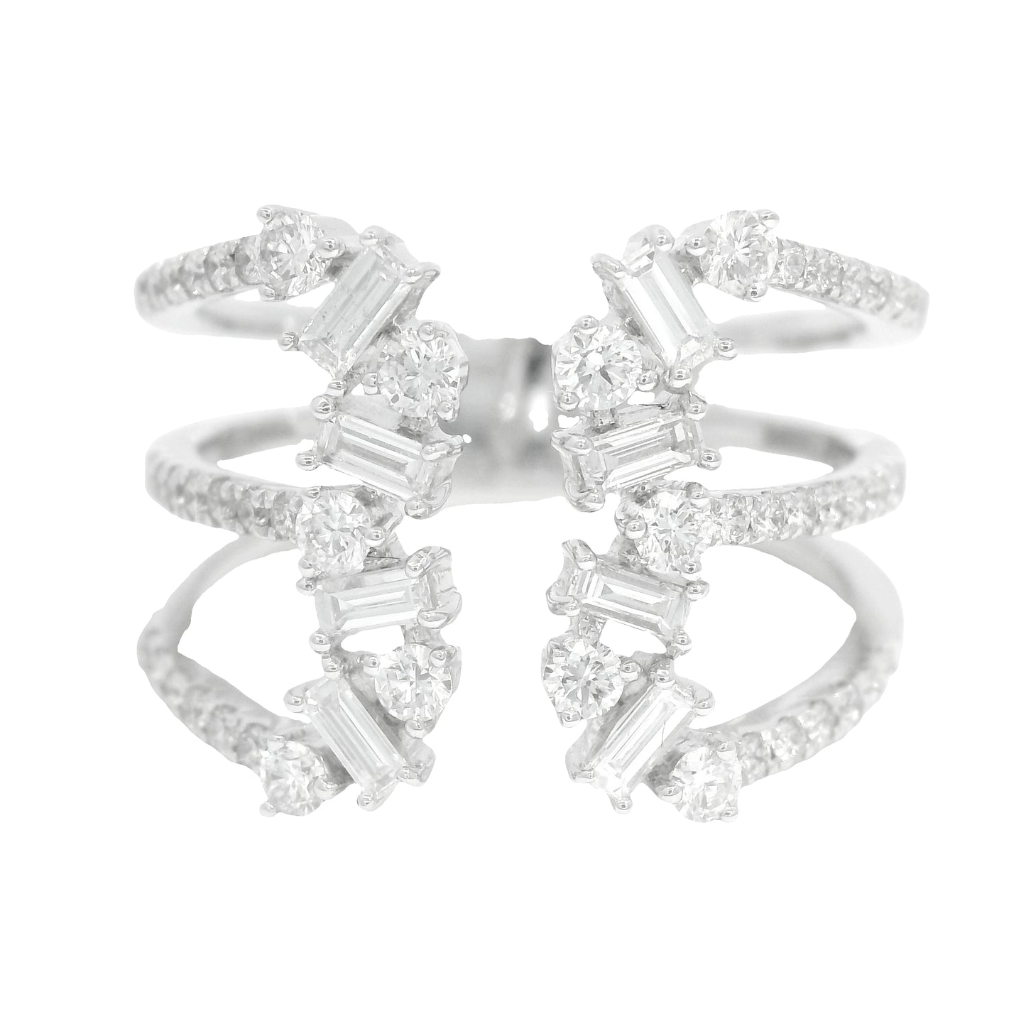 14K White Gold Natural Baguette& Round Brilliant Diamonds Wide Open Ring