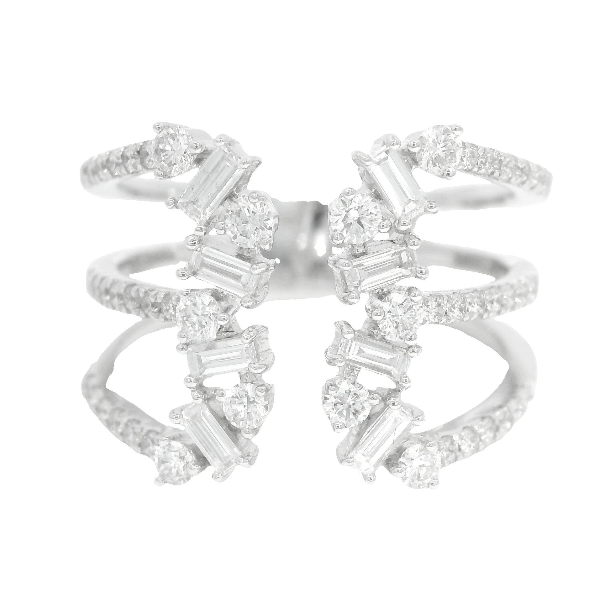 14K White Gold Natural Baguette& Round Brilliant Diamonds Wide Open Ring