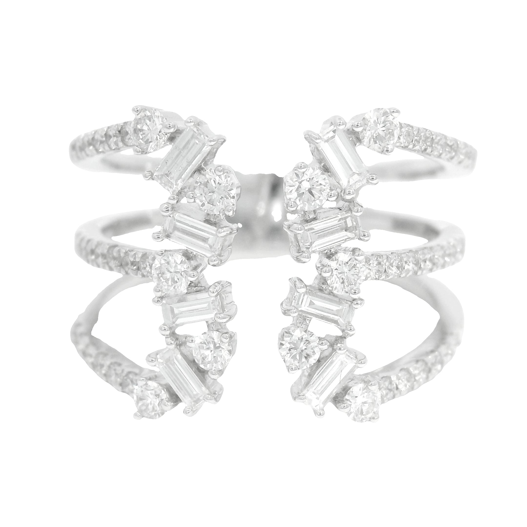 14K White Gold Natural Baguette& Round Brilliant Diamonds Wide Open Ring