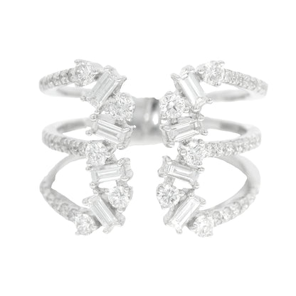 14K White Gold Natural Baguette& Round Brilliant Diamonds Wide Open Ring