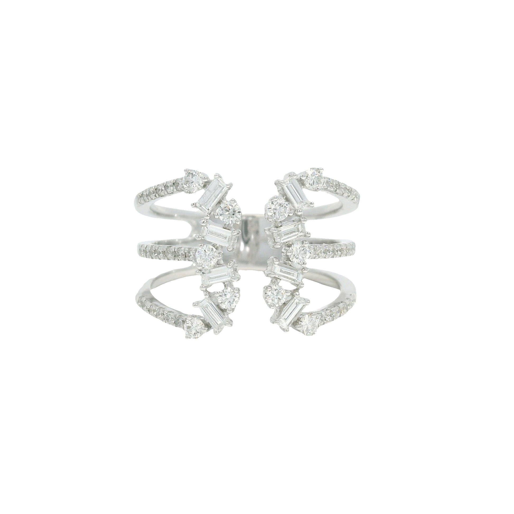 14K White Gold Natural Baguette& Round Brilliant Diamonds Wide Open Ring