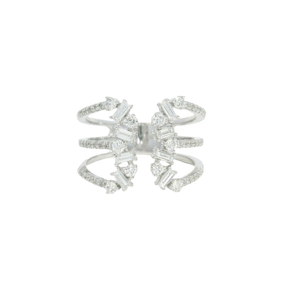 14K White Gold Natural Baguette& Round Brilliant Diamonds Wide Open Ring