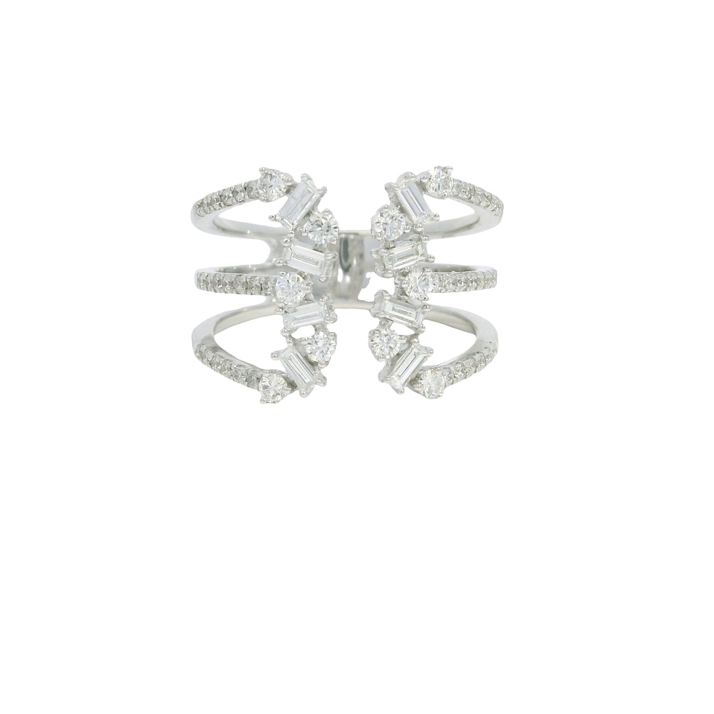 14K White Gold Natural Baguette& Round Brilliant Diamonds Wide Open Ring