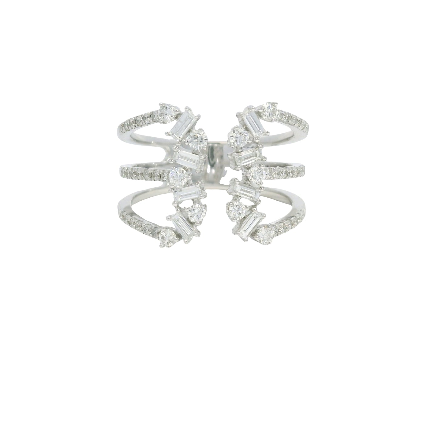 14K White Gold Natural Baguette& Round Brilliant Diamonds Wide Open Ring