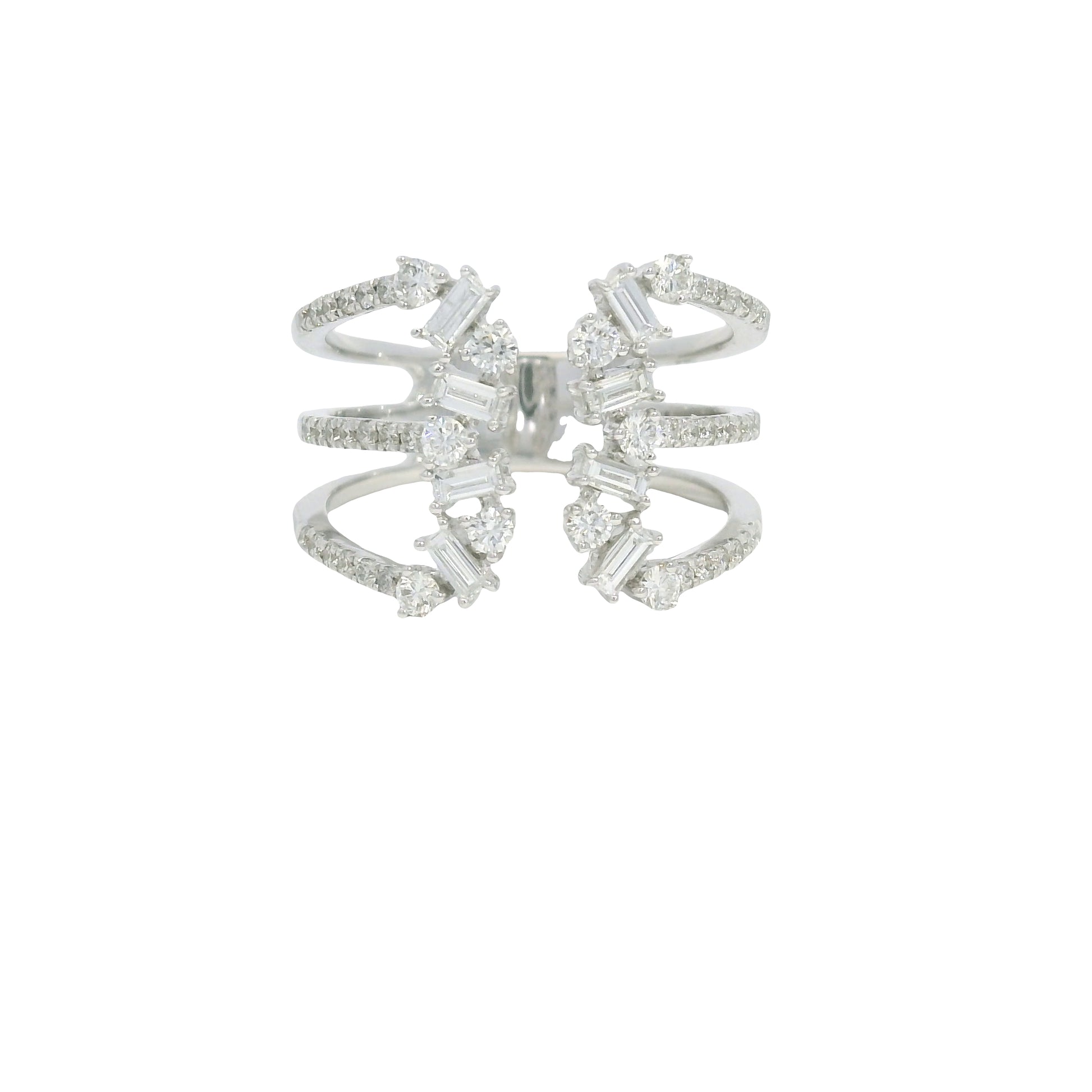 14K White Gold Natural Baguette& Round Brilliant Diamonds Wide Open Ring