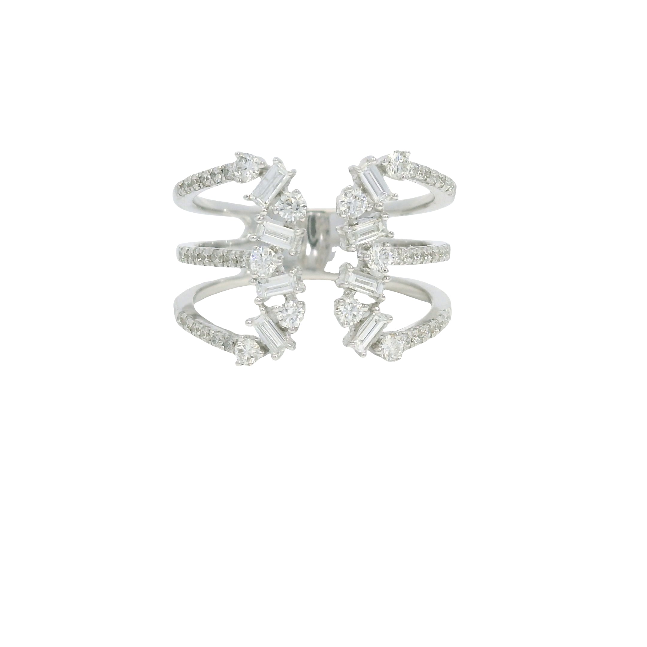 14K White Gold Natural Baguette& Round Brilliant Diamonds Wide Open Ring