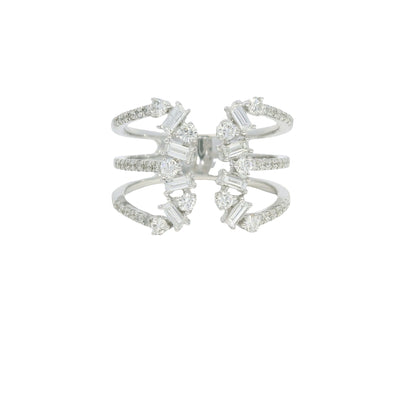 14K White Gold Natural Baguette& Round Brilliant Diamonds Wide Open Ring