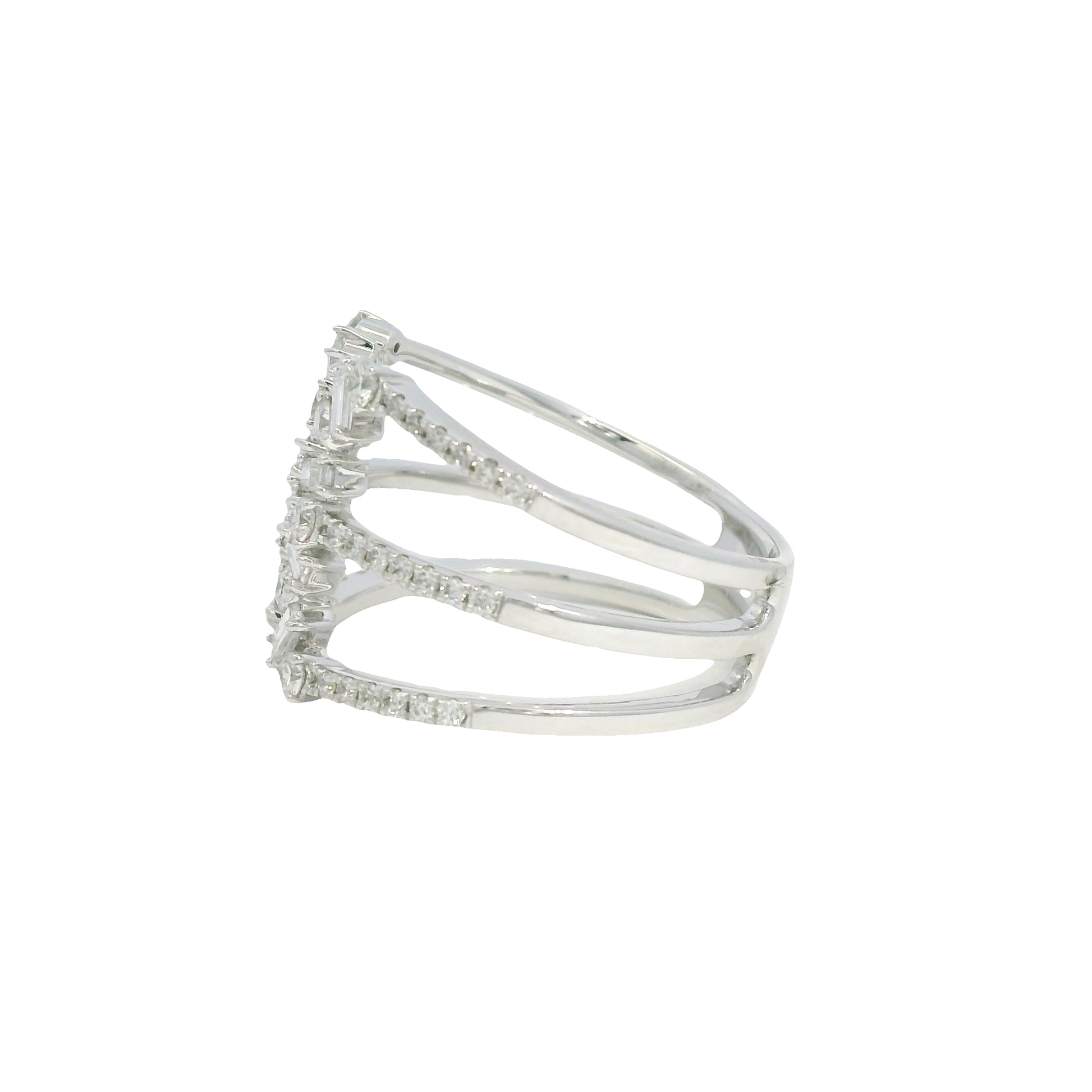 14K White Gold Natural Baguette& Round Brilliant Diamonds Wide Open Ring