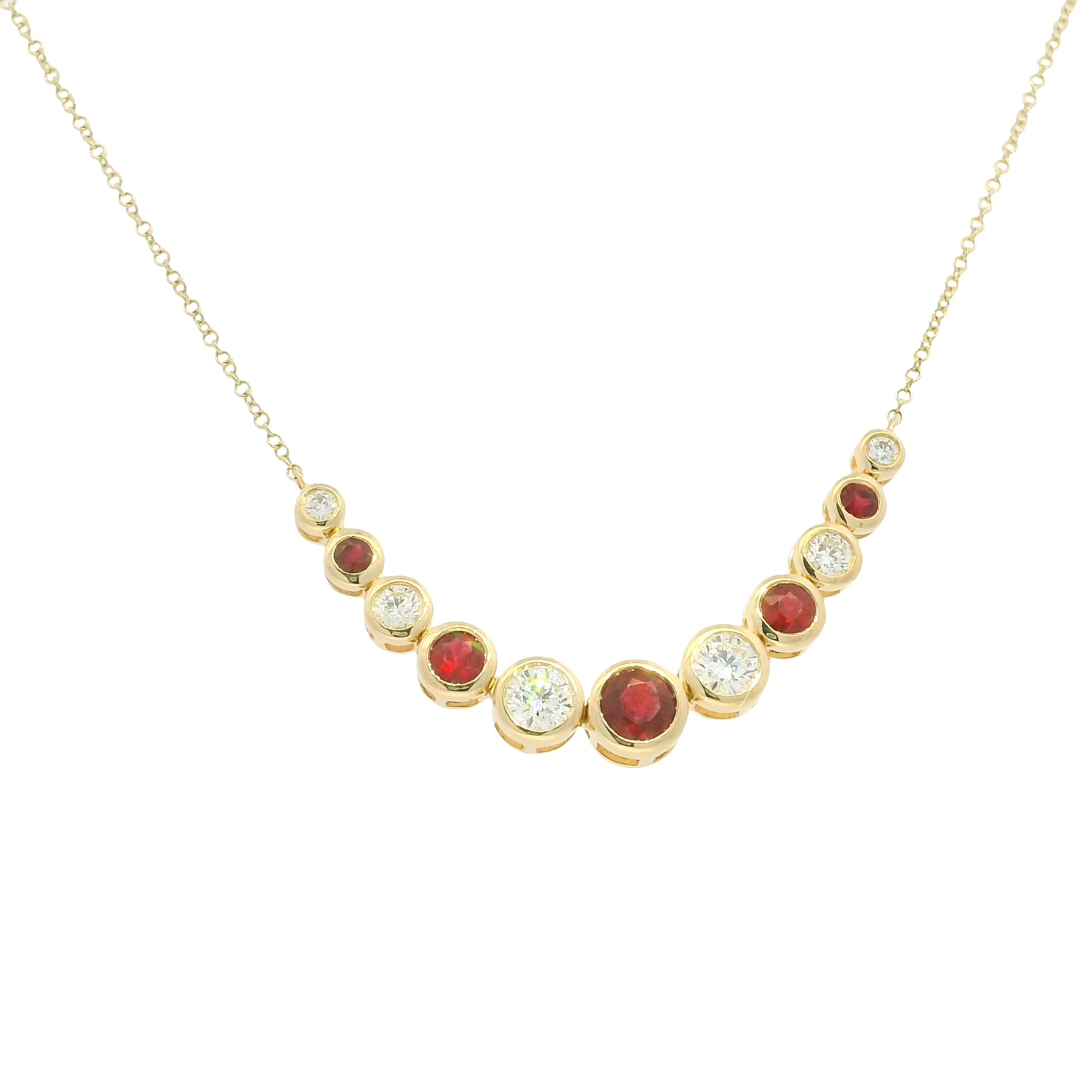 14K Yellow Gold Natural Diamond & Round Shape Ruby Adjustable Chain Necklace