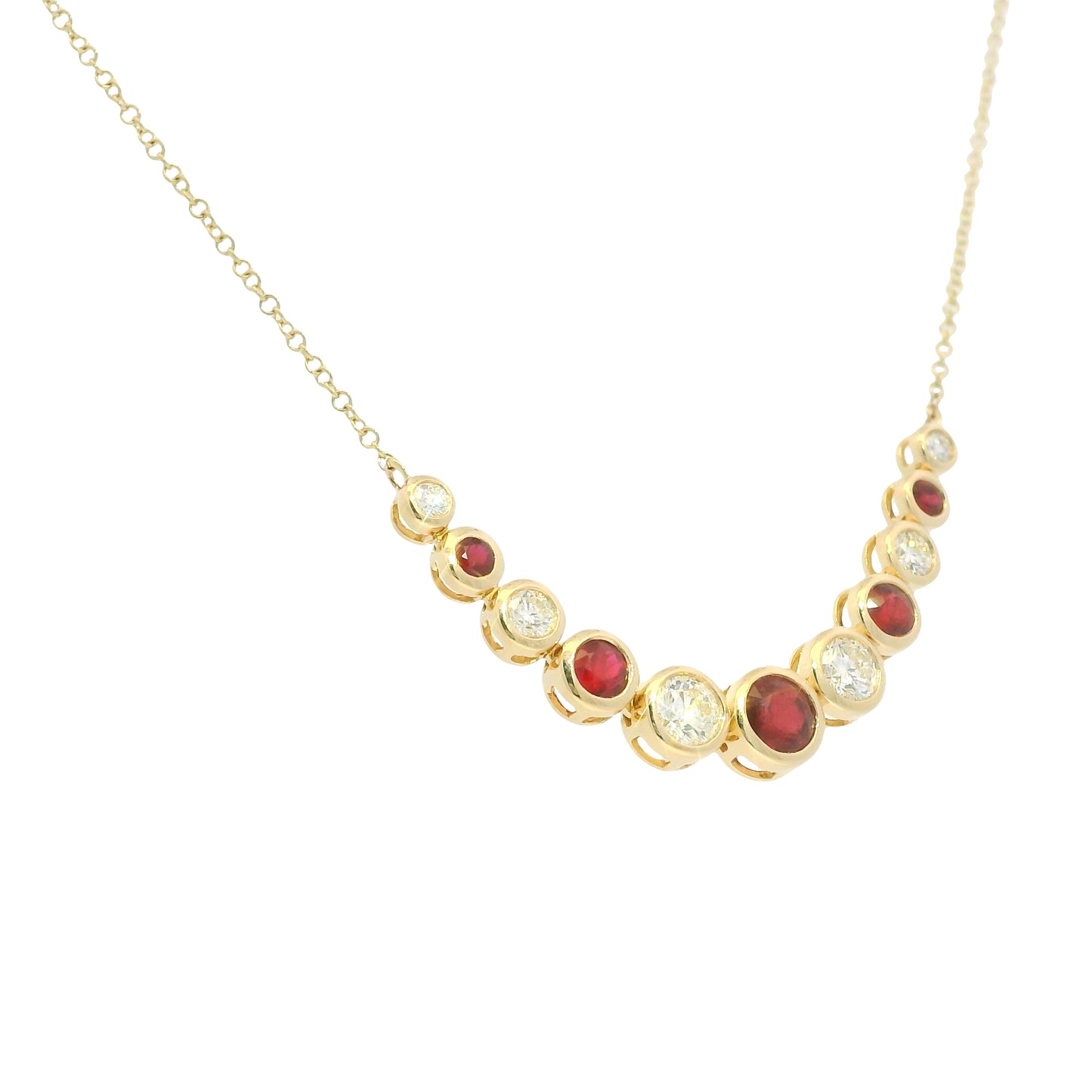 14K Yellow Gold Natural Diamond & Round Shape Ruby Adjustable Chain Necklace