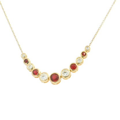 14K Yellow Gold Natural Diamond & Round Shape Ruby Adjustable Chain Necklace