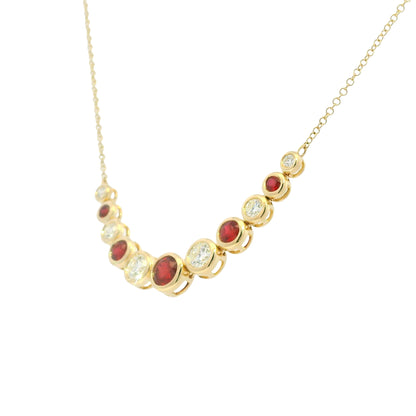 14K Yellow Gold Natural Diamond & Round Shape Ruby Adjustable Chain Necklace